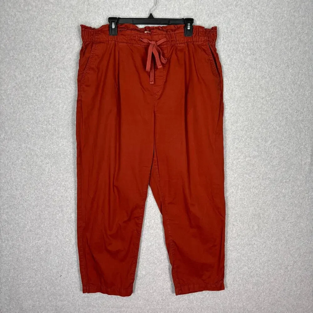 Loft Crop Pleated Paperbag Pants XL Burgundy 100% Cotton Resort Cruise ‎ Pockets
